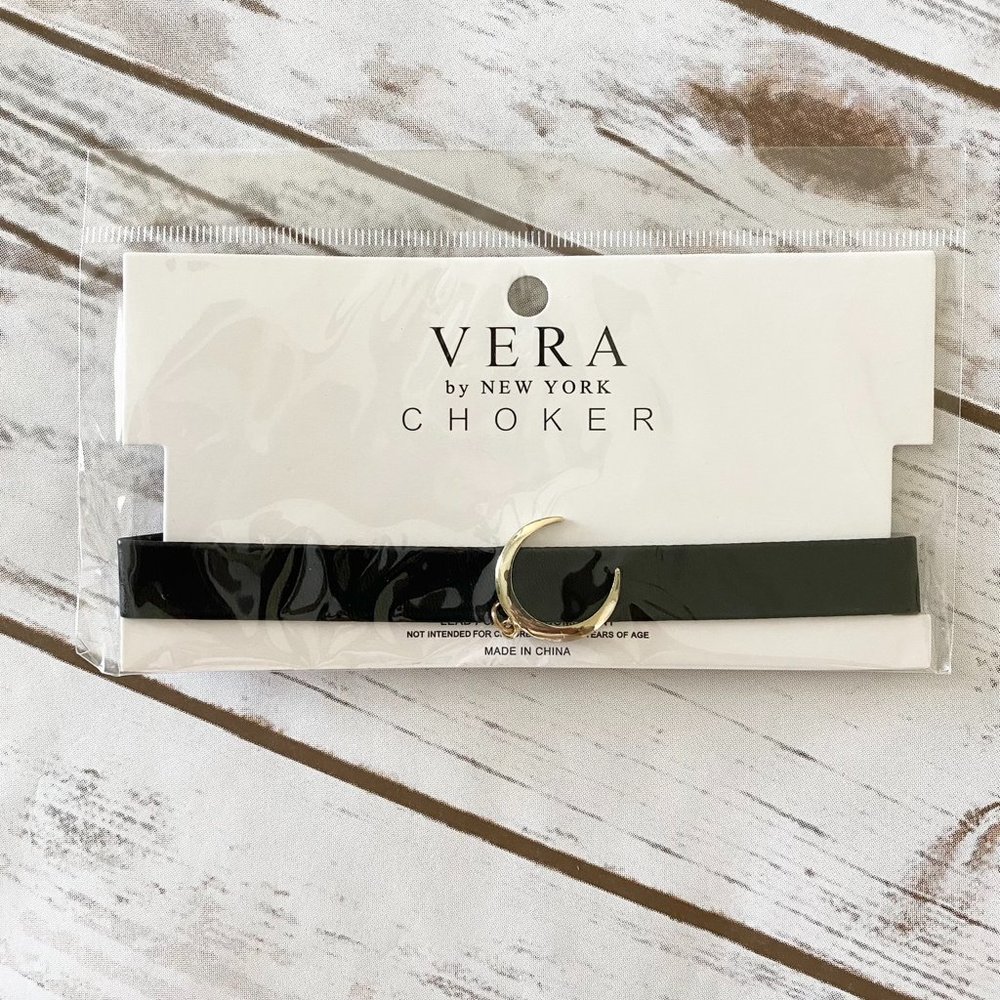 Vera by New York Women's Black Choker Necklace Faux Leather Crescent Moon Charm